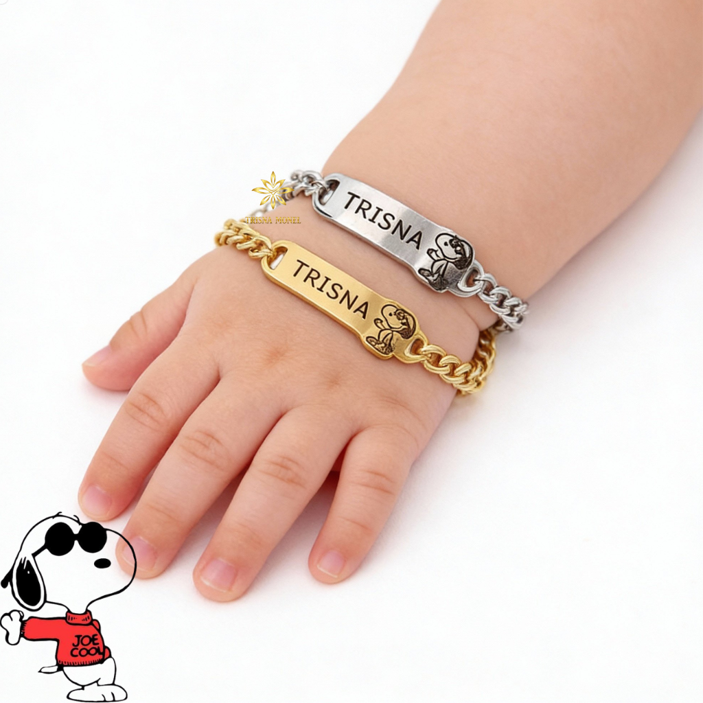 Gelang Custom Nama Anak Karakter Motif Snoopy Gold Dan Silver Murah