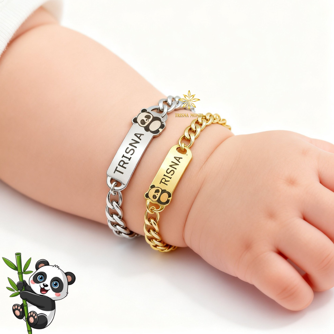 Gelang Custom Nama Anak Karakter Motif Panda Gold dan Silver Murah