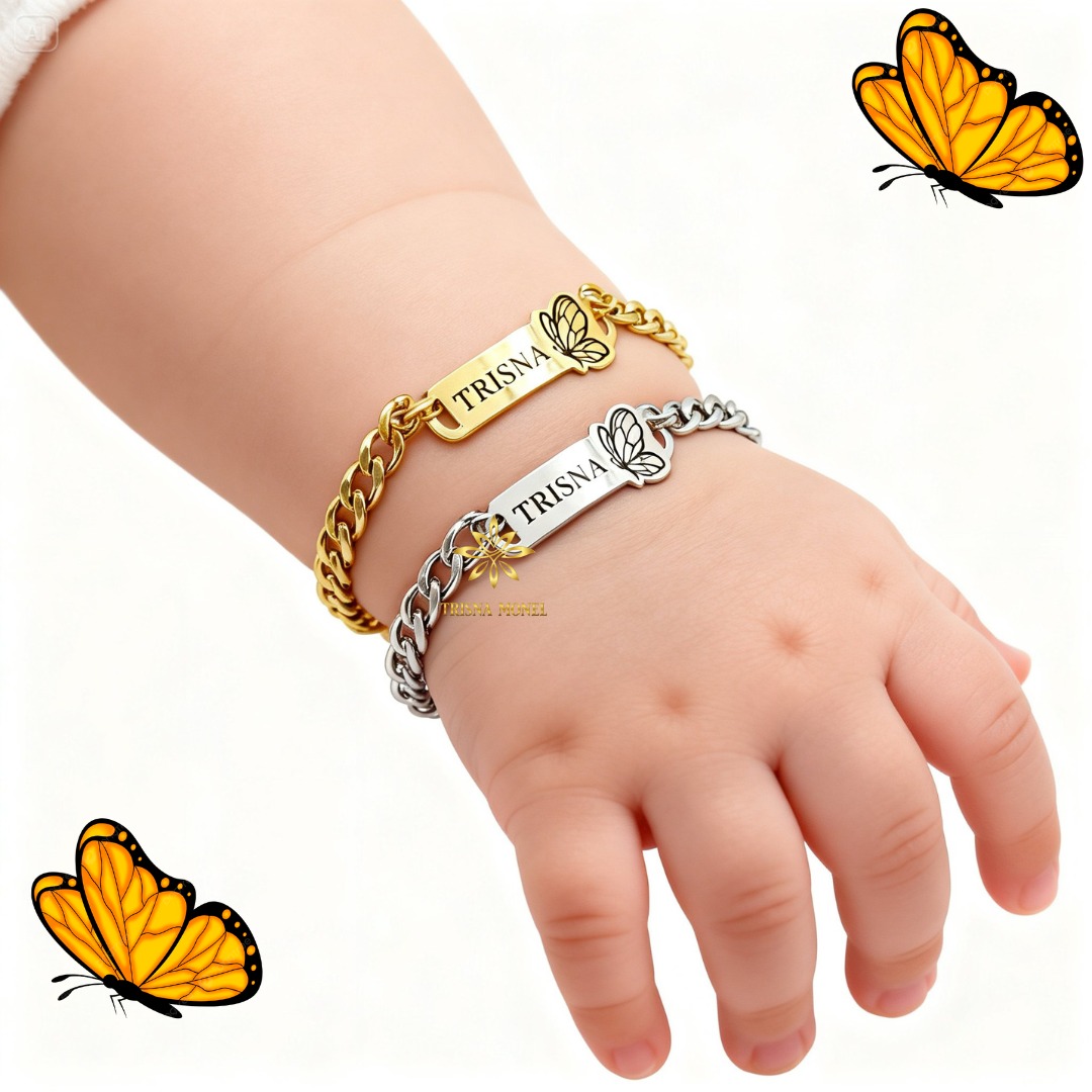 GELANG CUSTOM NAMA ANAK KARAKTER MOTIF KUPU - KUPU GOLD DAN SILVER MURAH