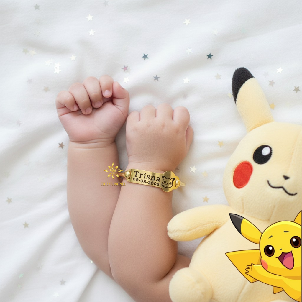 Adjustable free gelang monel !!! gelang karakter ukir nama size anak sampai dewasa motif Pikachu