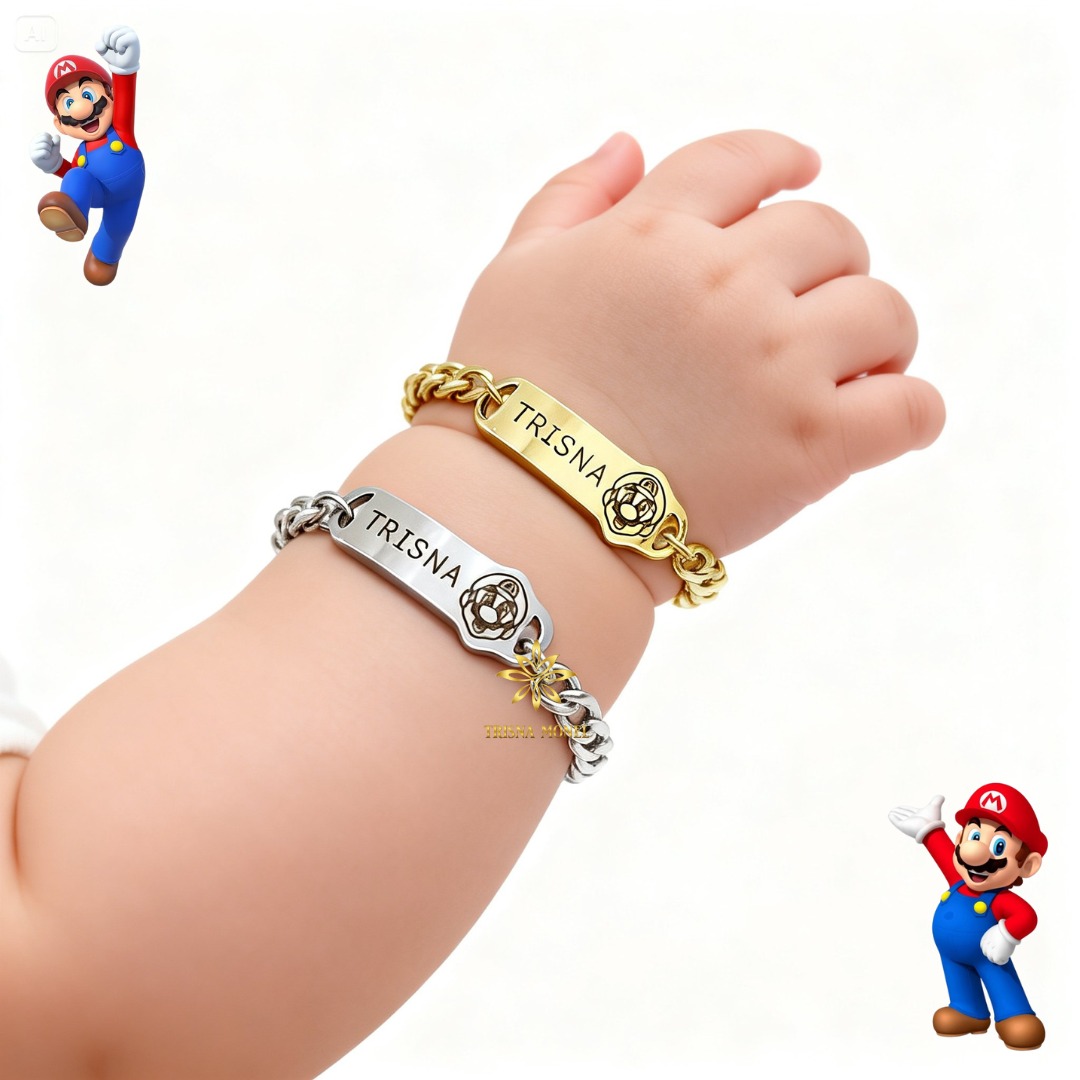 GELANG NAMA CUSTOM ANAK MOTIF MARIO GOLD DAN SILVER MURAH