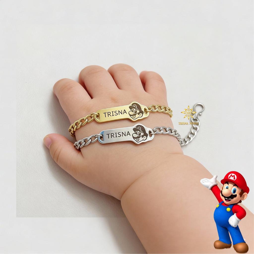 GELANG NAMA CUSTOM ANAK MOTIF SUPER MARIO GOLD DAN SILVER MURAH