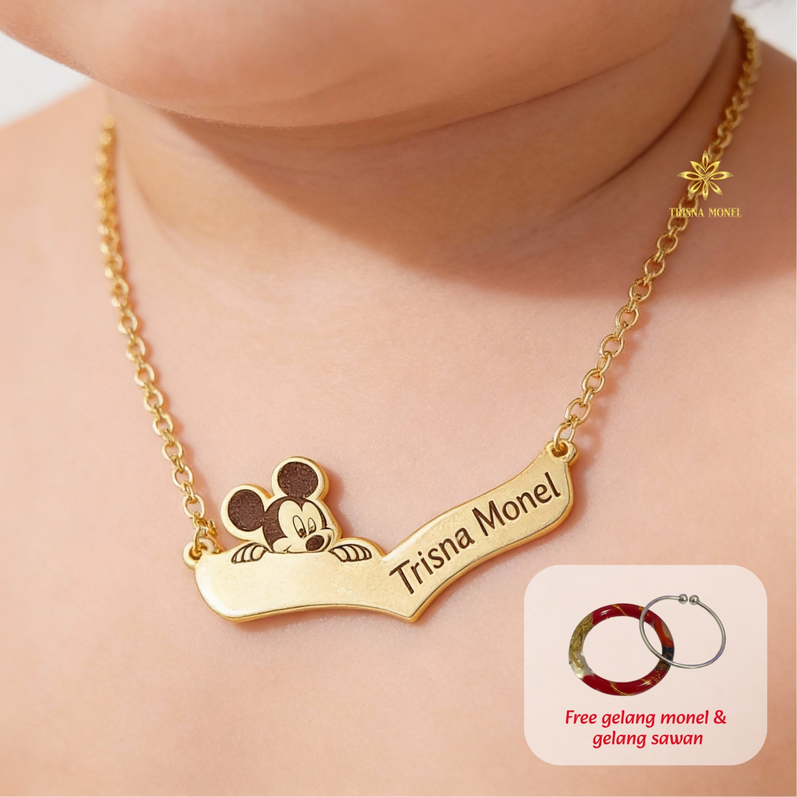 GRATIS GELANG MONEL & GELANG SAWAN !!! Kalung custom nama gold dan silver motif Mickey mouse 01
