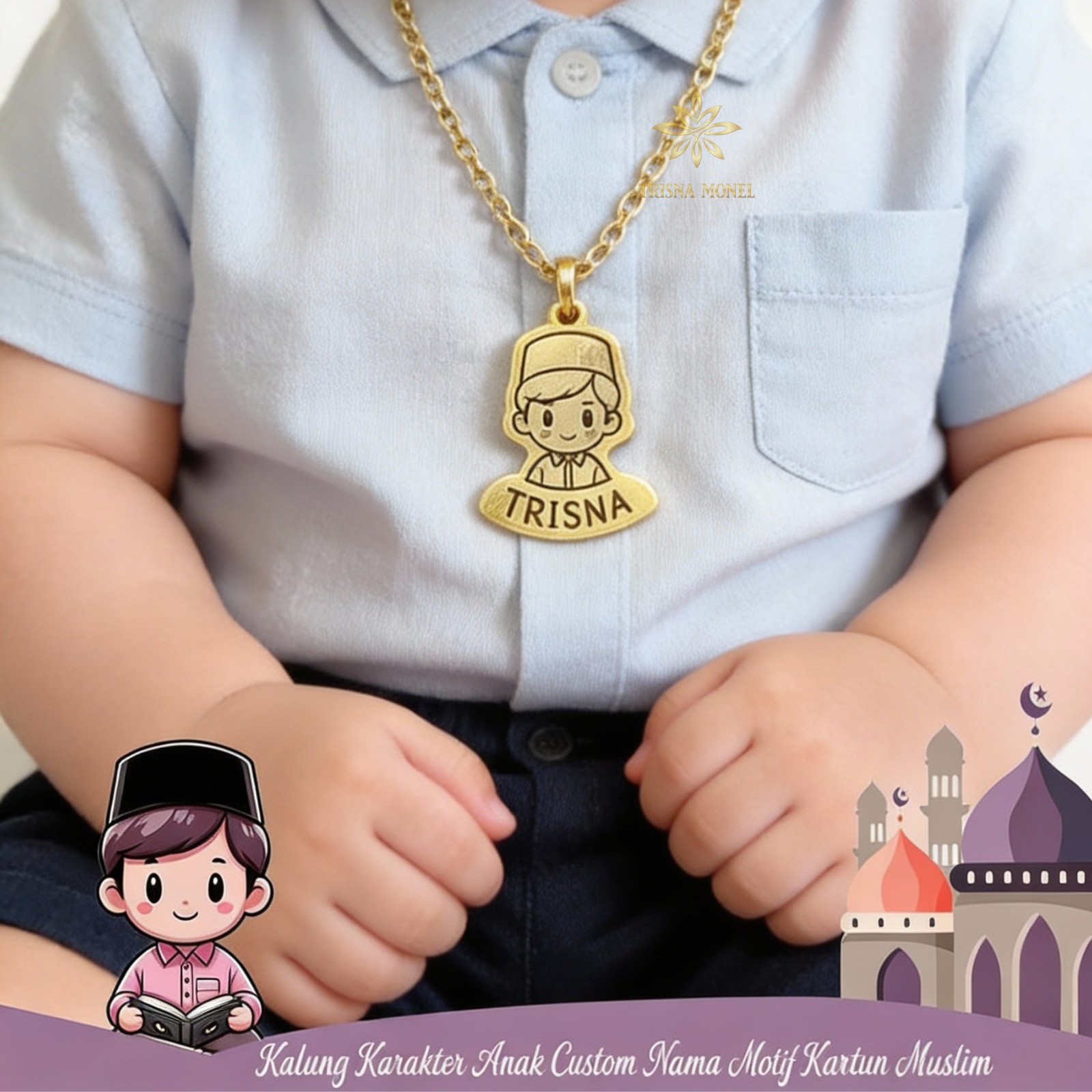 Kalung Karakter Anak Custom Nama Motif Muslim
