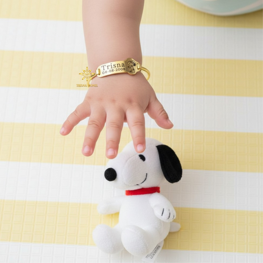 Adjustable free gelang monel !!! gelang karakter ukir nama size anak sampai dewasa motif Snoopy