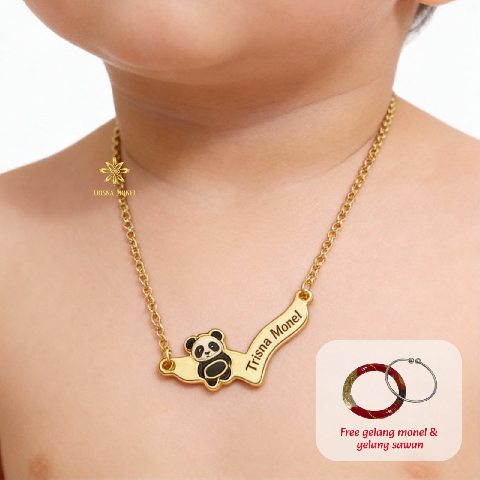 GRATIS GELANG MONEL & GELANG SAWAN !!! Kalung custom nama gold dan silver motif Panda