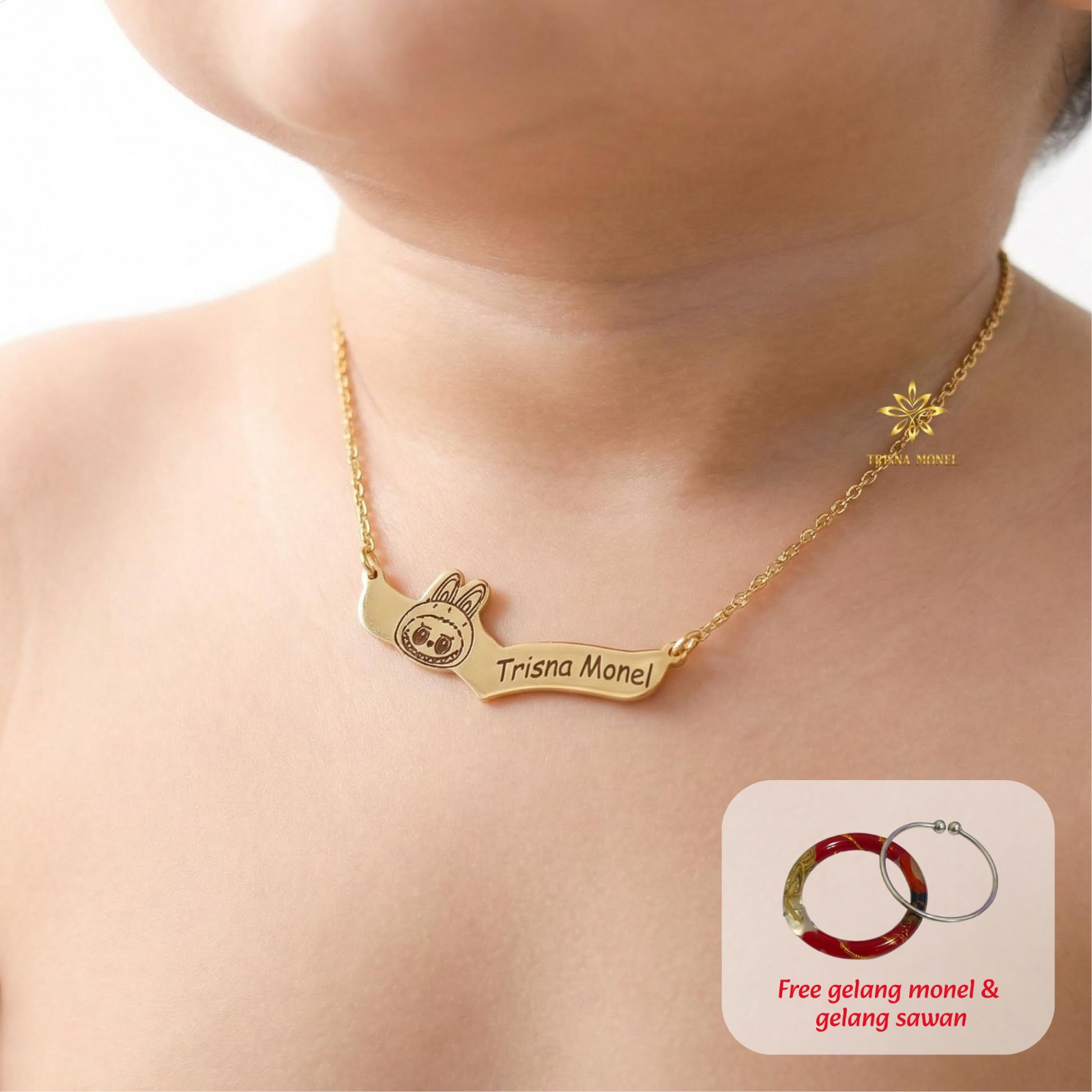 GRATIS GELANG MONEL & GELANG SAWAN !!! Kalung custom nama gold dan silver motif Labubu