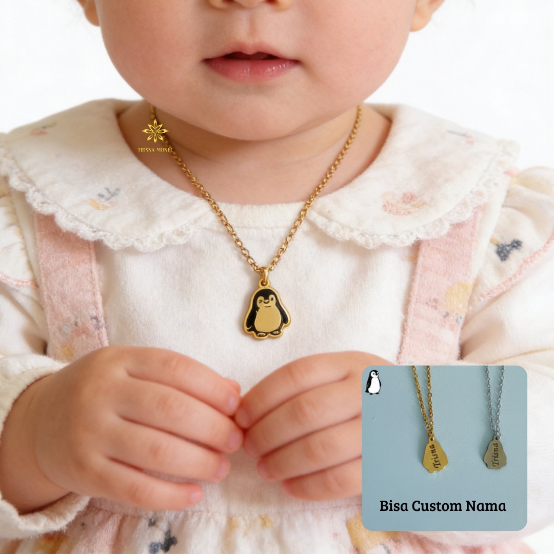 Kalung Liontin Custom Nama Premium Size Bayi Sampai Dewasa Motif Pinguin