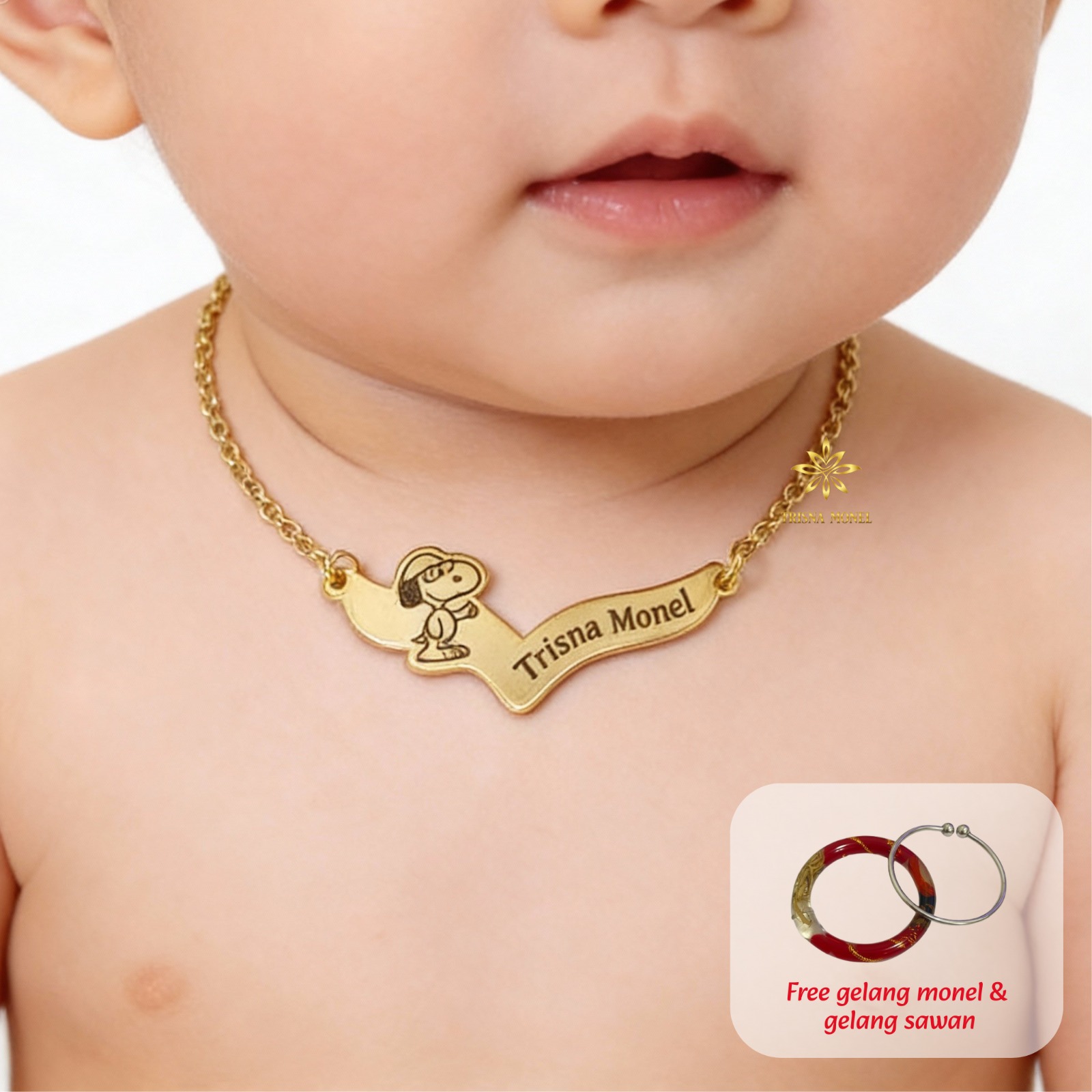 GRATIS GELANG MONEL & GELANG SAWAN !!! Kalung custom nama gold dan silver motif Snoopy