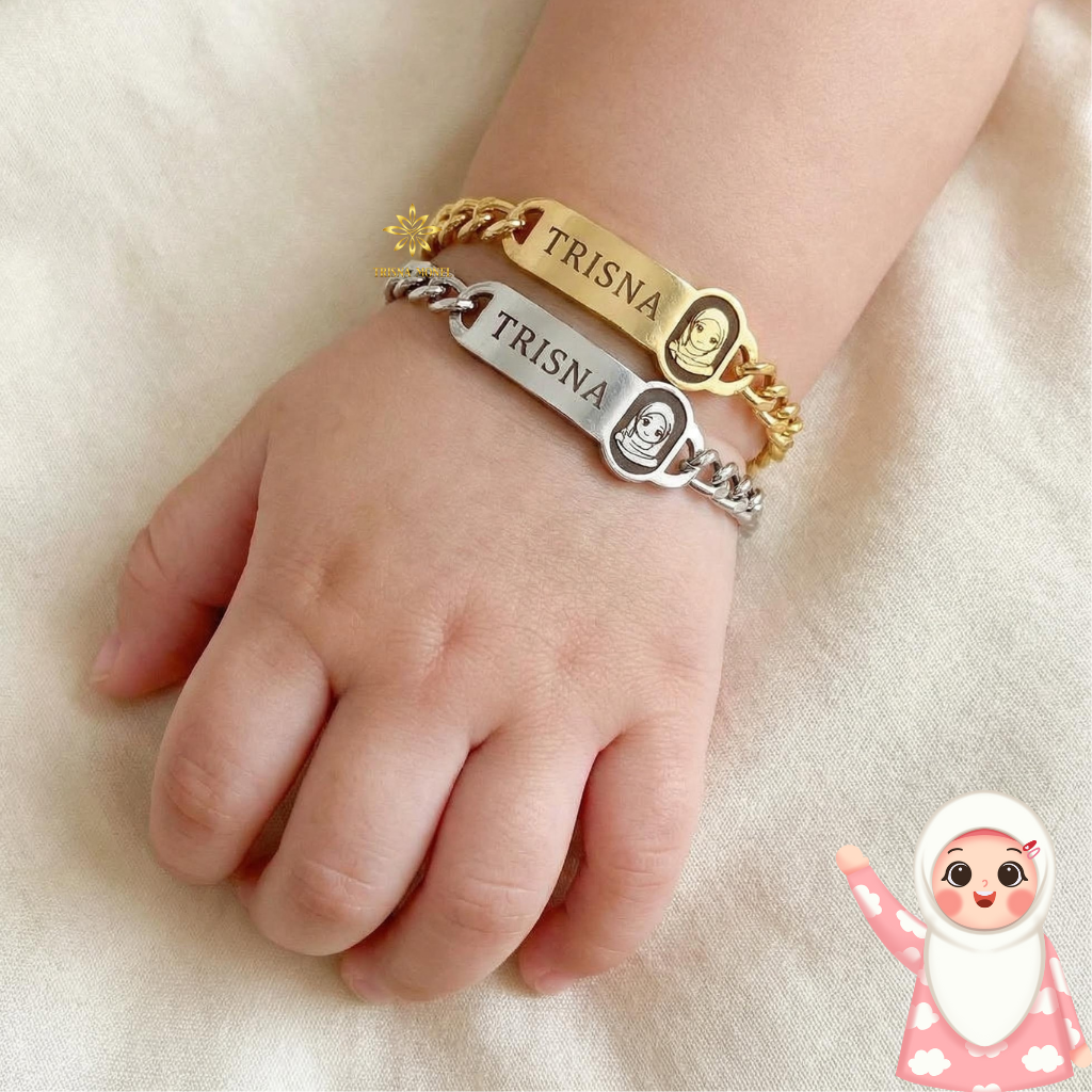 GELANG NAMA CUSTOM ANAK MOTIF KARTUN MUSLIMAH GOLD DAN SILVER MURAH