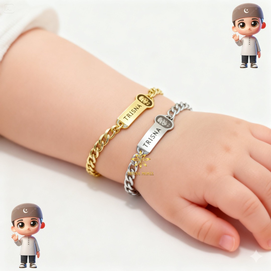 Gelang Nama Custom Anak Motif Kartun Muslim Gold Dan Silver Murah