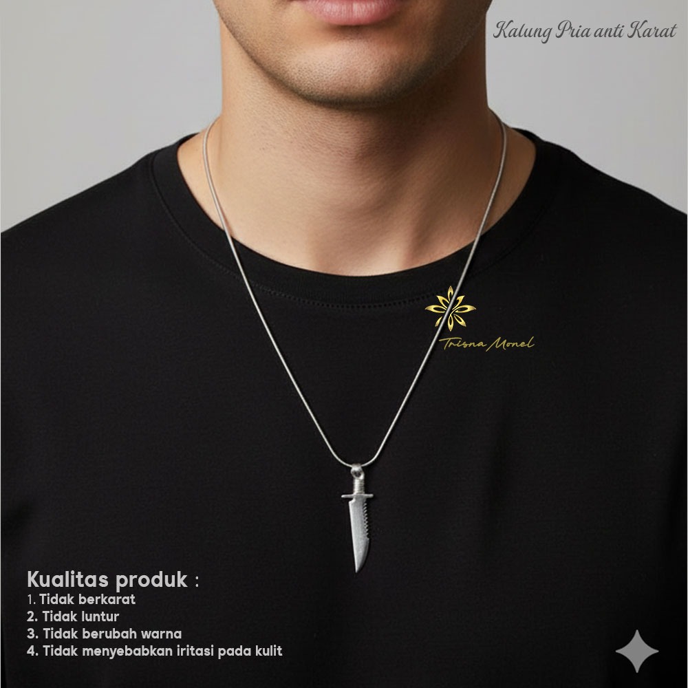 KALUNG PRIA LIONTIN BAHAN MONEL MOTIF PISAU LILIT ANTI KARAT