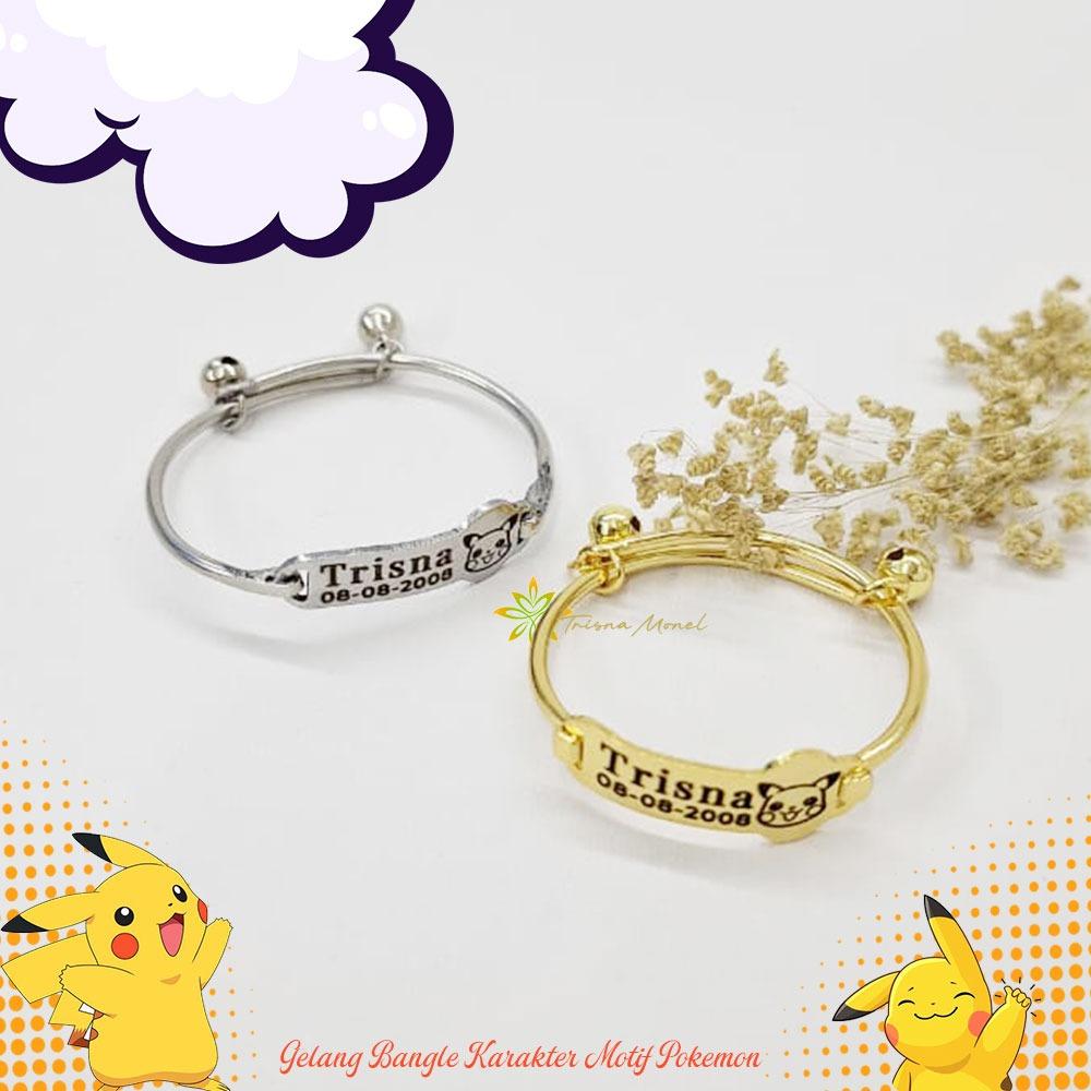 Adjustable free gelang monel !!! gelang karakter ukir nama size anak sampai dewasa motif Pikachu