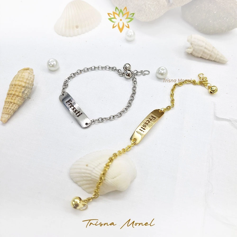 GELANG NAMA KUNINGAN LAPIS EMAS DAN SILVER MOTIF OVAL