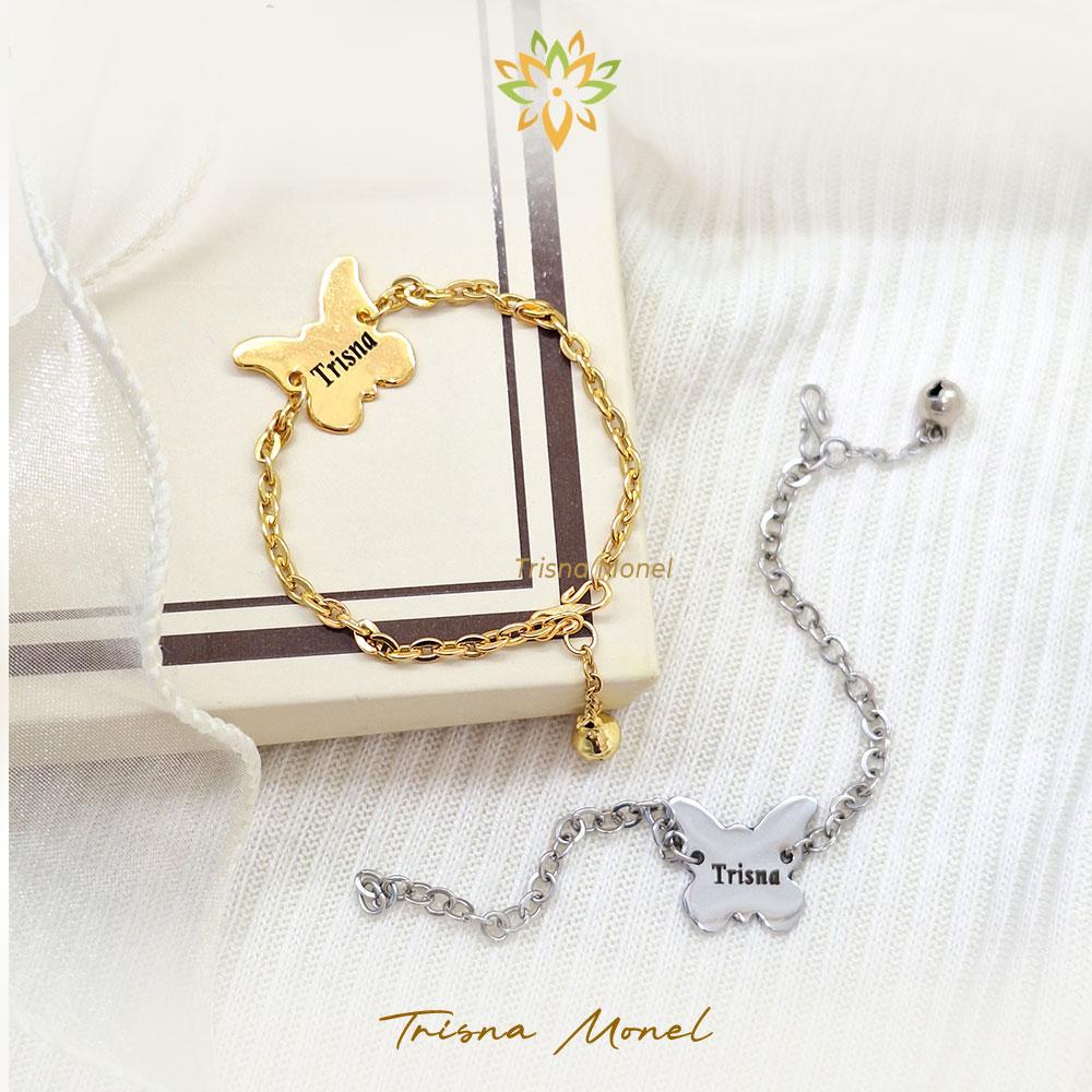 Gelang nama motif kupu-kupu gold dan siver size anak sampai dewasa