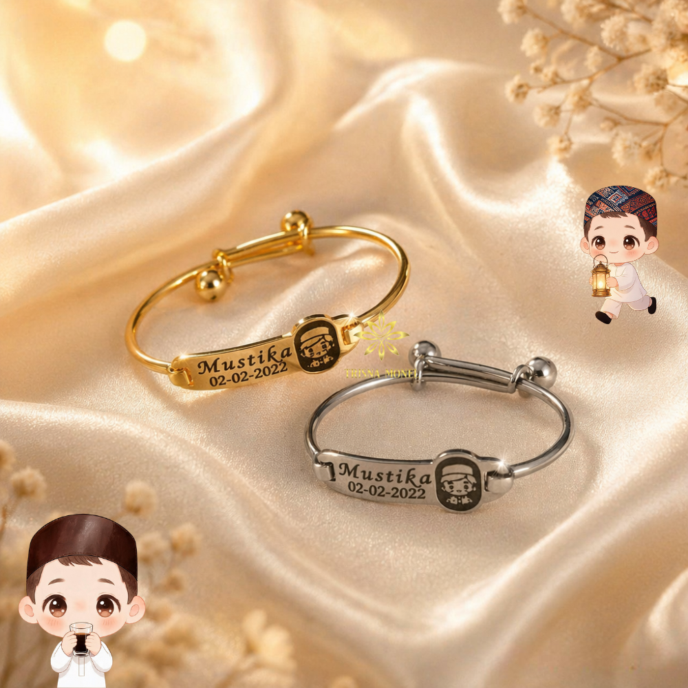 Adjustable free gelang monel !!! gelang karakter ukir nama size anak sampai dewasa motif Kartun Muslim